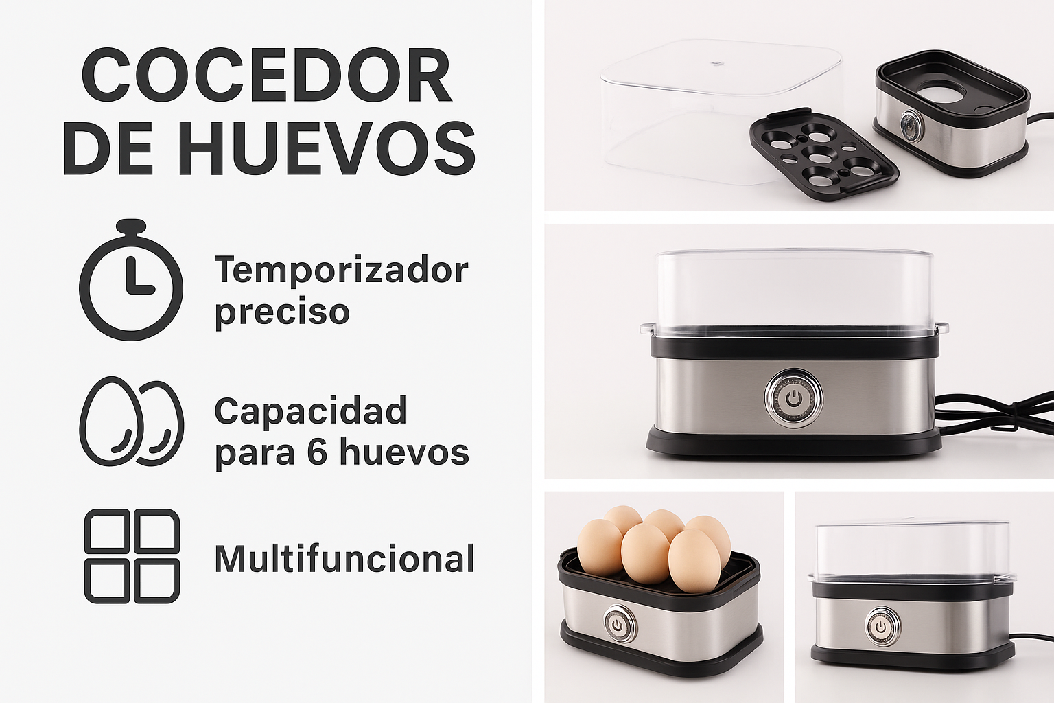 Cocedor de Huevos Eléctrico Multifuncional 6 Huevos - 220w